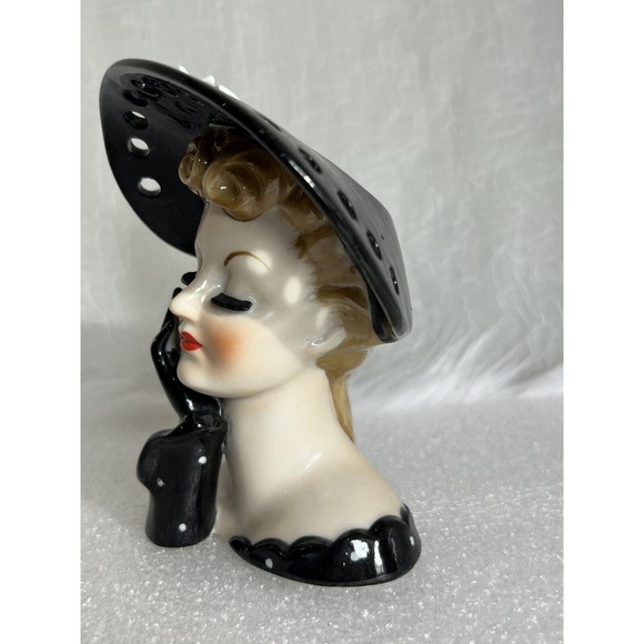 VINTAGE Napco S569A Lady Head Vase In Black With Polka Dots - Picture 3 of 9
